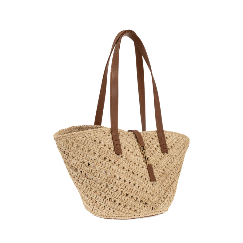 Panier Small Saint Laurent en Raphia et Cuir de Veau