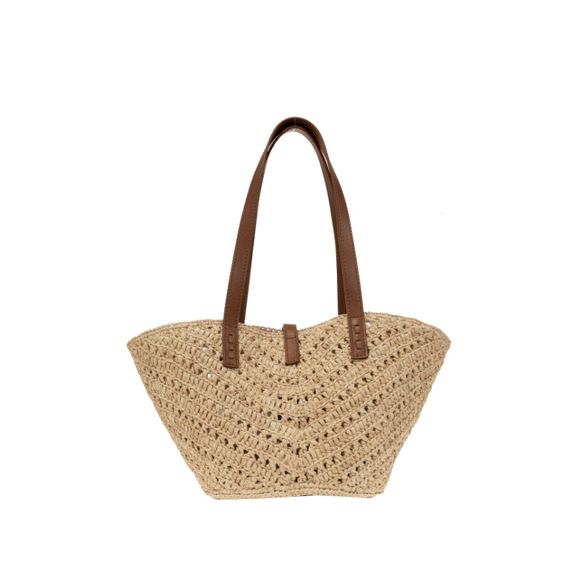 Panier Small Saint Laurent en Raphia et Cuir de Veau