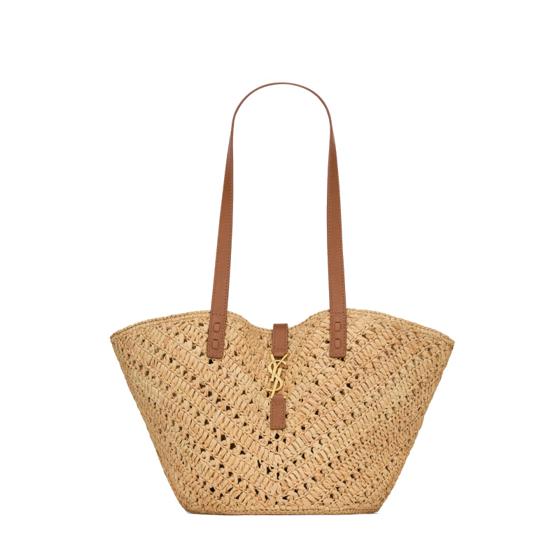 Panier Small Saint Laurent en Raphia et Cuir de Veau